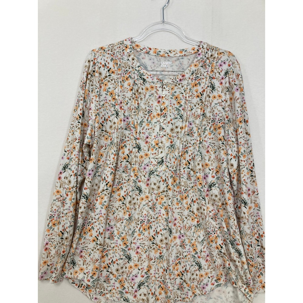 Lands End Top size 18 Floral Henley Ultra Soft Pleated Stretch Knit Long Sleeve